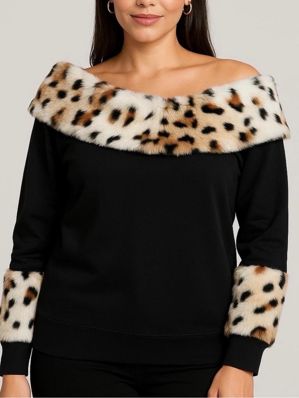 Boston Proper Off-Shoulder Black Sweatshirt Leopard Faux Fur Trim Size S Y2K